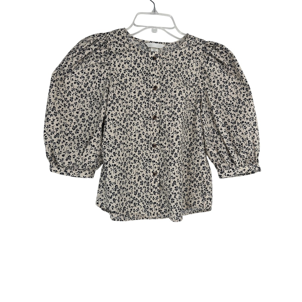 H&M Women XS Ditzy Floral Puff Sleeve Office Feminine Off-White Black Cotton Top